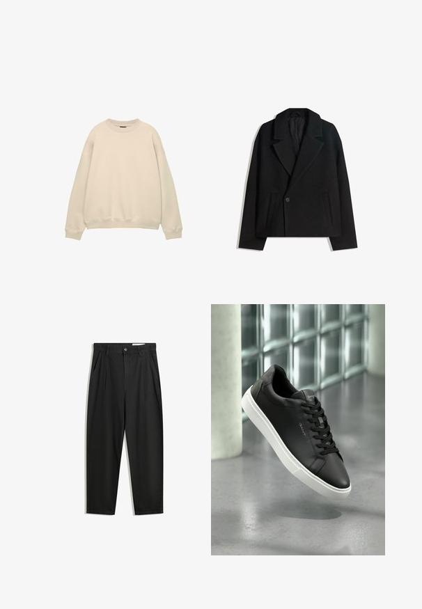 Čierny kabát s dvojitým zapínaním zo zmesi vlny s vyžehlenými klopami, dvoma bočnými vreckami a jedným gombíkom. Mäkká, štruktúrovaná látka.; Krémová oversized mikina s okrúhlym výstrihom a rebrovanými manžetami. Vyrobená z jemnej látky s hladkou textúrou a minimalistickým dizajnom.; Čierne bavlnené nohavice s voľným strihom, s klasickým pásom, prednými záhybmi a bočnými vreckami. Hladká textúra bez vzorov.; Čierne kožené tenisky s bielou gumovou podrážkou, okrúly špička a šnurovanie. Majú hladkú textúru a jemné logo na jazyku.