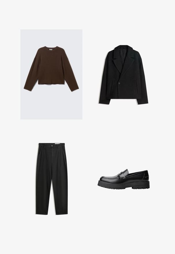 Cappotto doppiopetto in misto lana nera con rever strutturati, due tasche laterali e chiusura a un bottone. Tessuto morbido e testurizzato.; Maglione a maniche lunghe in maglia colore marrone scuro con scollo rotondo, dal fit morbido e colletto a coste, esposto su uno sfondo chiaro e semplice.; Pantaloni in cotone neri con una vestibilità rilassata, dotati di una vita classica, pieghe frontali e tasche laterali. Tessuto liscio senza fantasie.; Mocassino in pelle nera con suola spessa e tassellata e fascia decorativa sulla parte superiore, mostrato in profilo sinistro su sfondo bianco.