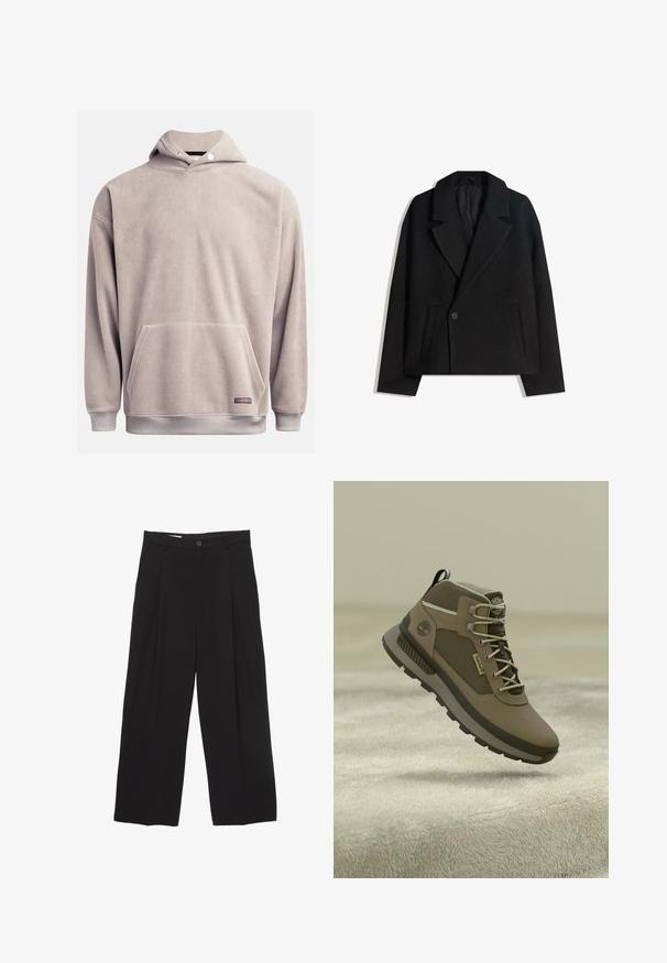 Crni kaput od vune s dvostrukim kopčanjem, strukturiranim reverima, s dva bočna džepa i jednim dugmetom. Mekana, teksturirana tkanina.; Fleece pulover s kapuljačom u svijetlosivoj boji, s prednjim džepom, rebrastim rubom i podesivom kapuljačom. Mekana tekstura s minimalnim detaljima.; Crne široke hlače od glatkog materijala, s ravnim pojasom, prednjim nabranim detaljima i zatvaranjem na jedan gumb.; Smeđe planinarske čizme s teksturiranim gornjištem, sivi detalji, izdržljive vezice i gumeni potplat s uzorkom za bolje prianjanje.