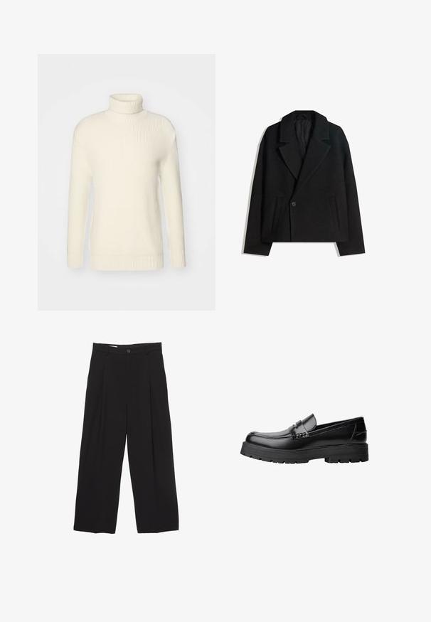 Schwarzer Wollmischung Doppelreiher-Mantel mit strukturierten Revers, zwei Seitentaschen und einer einzelnen Knopfschließe. Weicher, strukturiert Stoff.; Cremfarbener Rollkragenpullover aus geripptem Strickstoff, ausgestattet mit langen Ärmeln und einem entspannten Schnitt mit gerippten Bündchen und Saum.; Schwarze weit geschnittene Hose aus glattem Stoff, mit flachem Taillenbund, vorderen Falten und einer einzigen Knopfverschlus.; Schwarzer Lederloafer mit grobem, rutschfestem Sohlenprofil und dekorativem Riemen über der Oberseite, seitlich links auf weißem Hintergrund abgebildet.