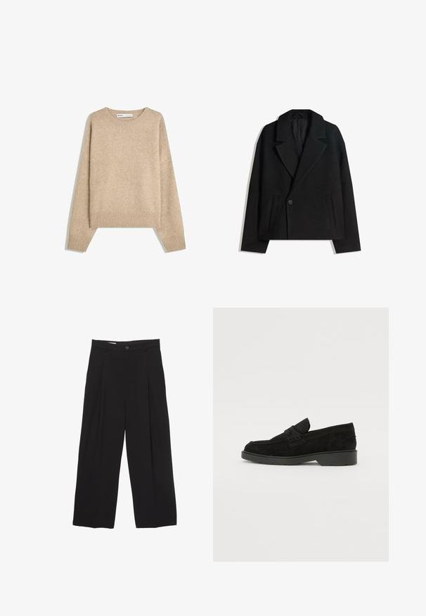 Schwarzer Wollmischung Doppelreiher-Mantel mit strukturierten Revers, zwei Seitentaschen und einer einzelnen Knopfschließe. Weicher, strukturiert Stoff.; Beiger Pullover aus weichem, strukturiertem Strick. Verfügt über einen runden Ausschnitt, gerippte Bündchen und einen verkürzten Saum mit überschnittenen Schultern.; Schwarze weit geschnittene Hose aus glattem Stoff, mit flachem Taillenbund, vorderen Falten und einer einzigen Knopfverschlus.; Schwarze Wildleder-Slipper mit niedrigem Absatz, ausgestattet mit einem einfachen Band über dem Obermaterial und texturierten Details an den Seiten.