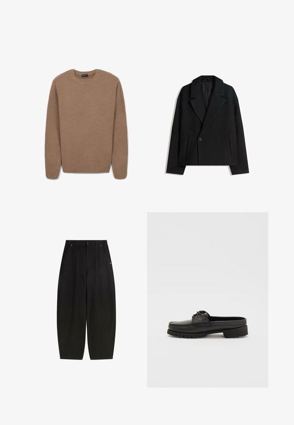 Schwarzer Wollmischung Doppelreiher-Mantel mit strukturierten Revers, zwei Seitentaschen und einer einzelnen Knopfschließe. Weicher, strukturiert Stoff.; Brauner Strickpullover mit Rundhalsausschnitt, gerippten Bündchen und einer weichen Textur. Das Design verfügt über lange Ärmel und eine klassische Passform.; Schwarze weit geschnittene Hosen mit vorderen Taschen, gefaltetem Design und einem sauberen Finish. Hergestellt aus strukturiertem Stoff mit einer Knopfverschluss.; Schwarzer Leder-Schlüpfschuh mit Schnürdetails, abgerundeter Zehenpartie und strukturiertem Sohle. Verfügt über einen leicht erhöhten Absatz und eine glatte Oberfläche.