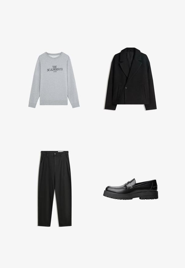 Czarny płaszcz ze wełny w blendzie, dwurzędowy, z wyraźnymi klapami, dwiema bocznymi kieszeniami i pojedynczym zapięciem na guzik. Miękka, teksturowana tkanina.; Szary sweatshirt wykonany z bawełny, z okrągłym dekoltem, długimi rękawami i ściągaczami. Zawiera czarny napis: "THE SCALPERS CO. ATELIER."; Czarne bawełniane spodnie o luźnym kroju, z klasycznym pasem, przednimi plisy oraz bocznymi kieszeniami. Gładka struktura, bez wzorów.; Czarne skórzane mokasyny z grubą, bieżnikowaną podeszwą i dekoracyjnym paskiem na górze, pokazane w lewym profilu na białym tle.