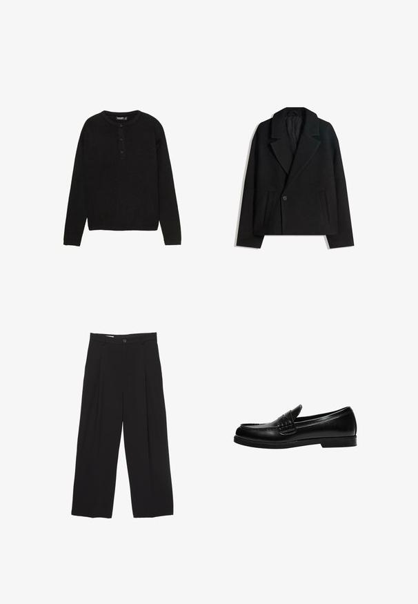 Musta villasekoitekaksirivinen takki, jossa on jämäkät kaulukset, kaksi sivutaskua ja yksi napitus. Pehmeä, tekstuuriainen kangas.; Musta pitkähiha sweater ribbid-kankaasta, jossa on pyöreä kaula-aukko ja napitus edessä, jossa on kolme nappia.; Mustat väljät housut, jotka on valmistettu sileästä kankaasta ja joissa on litteä vyötärö, etupleaatit ja yksi nappisulku.; Musta nahka loaferi, jossa on sileä pinta, ja joka sisältää ommeltuja yksityiskohtia vampissa sekä matalan, kiinteän mustan kumipohjan.