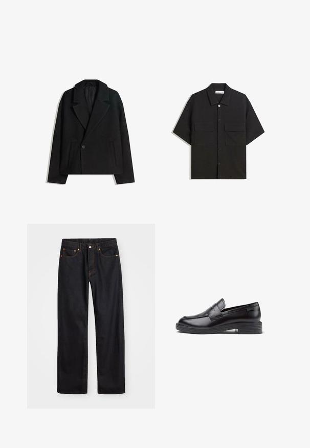 Fekete gyapjú keverék, kétsoros kabát strukturált hajtókákkal, két oldalsó zsebbel és egysoros gombzárral. Puha, texturált anyag.; Fekete, rövid ujjú ing sima textúrájú anyagból készült, két elülső zsebbel, klasszikus gallérral és gombos záródással.; Férfi egyenes szabású fekete farmernadrág öt zsebbel és narancssárga varrással, gombos és cipzáros záródással elöl.; Fekete bőr loafer, alacsony bordázott sarokkal, kerek orral, díszvarrott részletekkel és elülső pánttal. Simább textúra.
