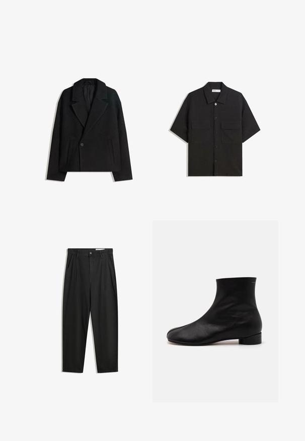 Svart ullblandning dubbelknäppt kappa med strukturerade slag, två sidofickor och en enda knappstängning. Mjuk, texturerad tyg.; Svart kortärmad skjorta i tyg med en slät yta, har två framfickor, en klassisk krage och knäppning med knappar.; Svarta bomullsshorts med avslappnad passform, med en klassisk midja, framveck och sidfickor. Slät textur utan mönster.; MM6 Maison Margiela BOOT - Stövletter - black