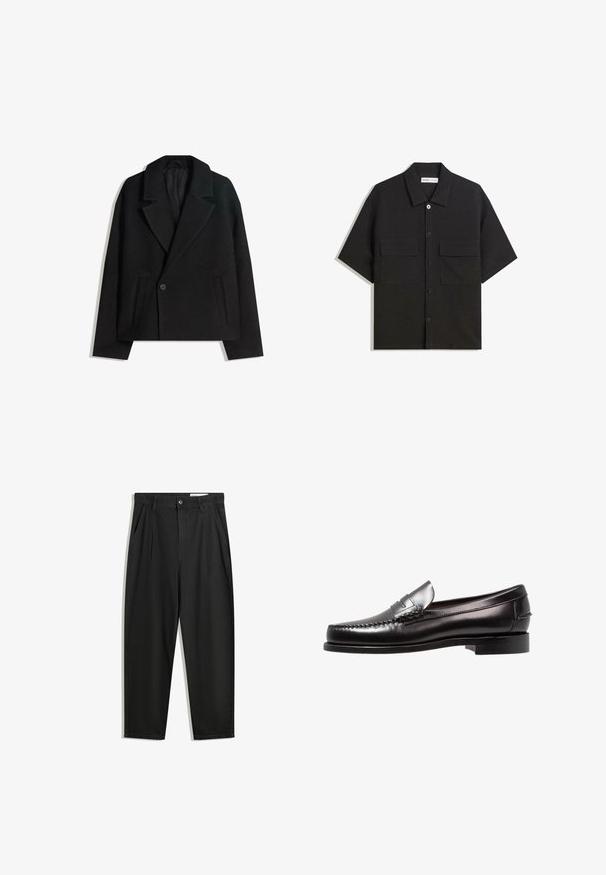 Sort uldblandet dobbeltradet frakke med strukturerede revers, to sidelommer og en enkelt knaplukning. Blødt, tekstureret stof.; Sort kortærmet skjorte lavet af stof med en glat tekstur, har to forlommer, en klassisk krave og knaplukning.; Sorte bomuldsbukser med en afslappet pasform, der har en klassisk talje, frontfolder og sidelommer. Glat tekstur uden mønstre.; Sorte læder penny loafers med en lav hæl, glat overflade og dekorative syninger på tåen. Klassisk slip-on design.