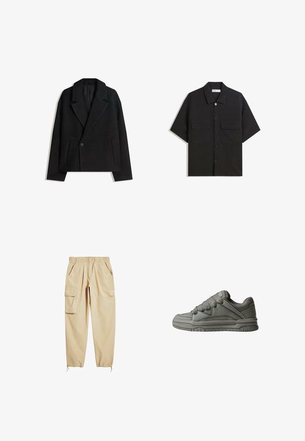 Black wool blend double-breasted coat with structured lapels, two side pockets, and a single button closure. Soft, textured fabric.; Black short-sleeve shirt made of fabric with a smooth texture, features two front pockets, a classic collar, and button closure.; Beige cargo pants made of lightweight fabric, featuring an elastic waistband, side pockets, and a drawstring at the ankle. Contains printed text.; Gray athletic shoe with textured leather and mesh upper, thick rubber sole, and prominent padded tongue and sides. Laces and side accents included.