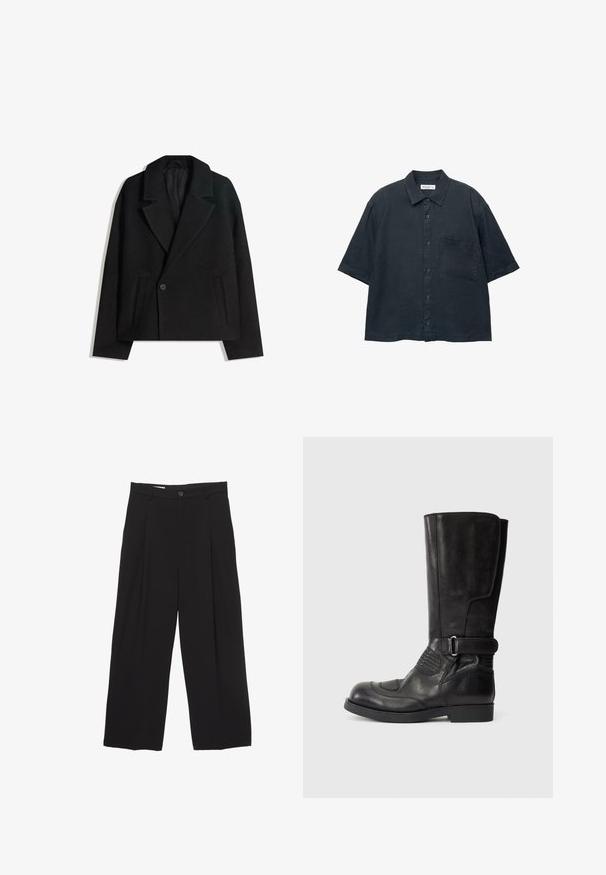 Fekete gyapjú keverék, kétsoros kabát strukturált hajtókákkal, két oldalsó zsebbel és egysoros gombzárral. Puha, texturált anyag.; Sötétkék, rövid ujjú gombos ing, könnyű anyagból készült, mellzsebbel és klasszikus galléros kialakítással.; Fekete, bő szárú nadrág sima anyagból, lapos derékpánttal, elülső redőkkel és egy gombos záródással.; Fekete bőr, térd fölé érő csizma lekerekített orral, kontrasztos varrással, oldalsó csat részlettel és texturált díszítéssel a külső felületen.