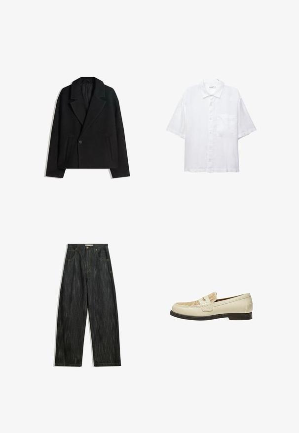 Svart ullblandning dubbelknäppt kappa med strukturerade slag, två sidofickor och en enda knappstängning. Mjuk, texturerad tyg.; Vit kortärmad skjorta med knappslå framtill, krage och en bröstficka. Tillverkad av lätt tyg med en slät textur.; Mörka denimjeans med lös passform, med subtil vertikal textur, gula sömmar, fem fickor och klassisk knappstängning.; Beiga läder loafers med vävt mönster på tån och en platt brun sula. Har en dekorativ rem över framsidan.