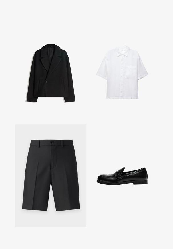 Crni kaput od vune s dvostrukim kopčanjem, strukturiranim reverima, s dva bočna džepa i jednim dugmetom. Mekana, teksturirana tkanina.; Bijela košulja kratkih rukava s kopčanjem sprijeda, ovratnikom i jednim džepom na prsima. Izrađena je od lagane tkanine s glatkom teksturom.; Crne krojene kratke hlače izrađene od lagane tkanine, sa ravnim krojem, pojedinačnim nabranjima i zatvaranjem na gumb sprijeda.; Crna kožna loafer cipela s glatkom površinom, koja ima šavnu obradu na gornjem dijelu i nisku, čvrstu crnu gumenu podlogu.