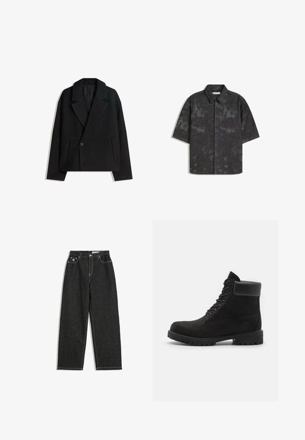 Cappotto doppiopetto in misto lana nera con rever strutturati, due tasche laterali e chiusura a un bottone. Tessuto morbido e testurizzato.; Camicia a maniche corte con bottoni di colore grigio scuro, realizzata in un tessuto testurizzato con un sottile motivo marmorizzato. Presenta un colletto a punta e un orlo dritto.; Jeans neri a gamba dritta con cuciture bianche, design a cinque tasche, chiusura con bottone e cerniera, e un piccolo logo sulla tasca frontale destra.; Stivale alla caviglia nero con lacci, colletto imbottito e suola robusta, mostrato in profilo su uno sfondo bianco.