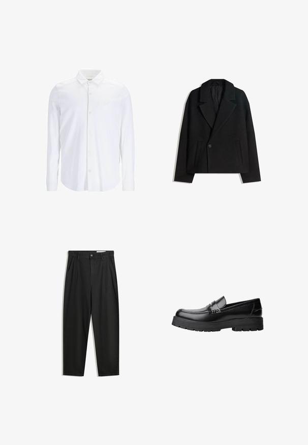 Fekete gyapjú keverék, kétsoros kabát strukturált hajtókákkal, két oldalsó zsebbel és egysoros gombzárral. Puha, texturált anyag.; Fehér, hosszú ujjú gombos ing, sima anyagból készült, klasszikus színvilággal, elülső gombolással és finom logóval a mellrészen.; Fekete pamut nadrág laza szabással, klasszikus derékrésszel, elülső hajtásokkal és oldalsó zsebekkel. Simább textúra minta nélkül.; Fekete bőr loaferek vastag, bordázott talppal és díszcsíkkal az upper rész felett, bal oldali profilmódban, fehér háttér előtt.