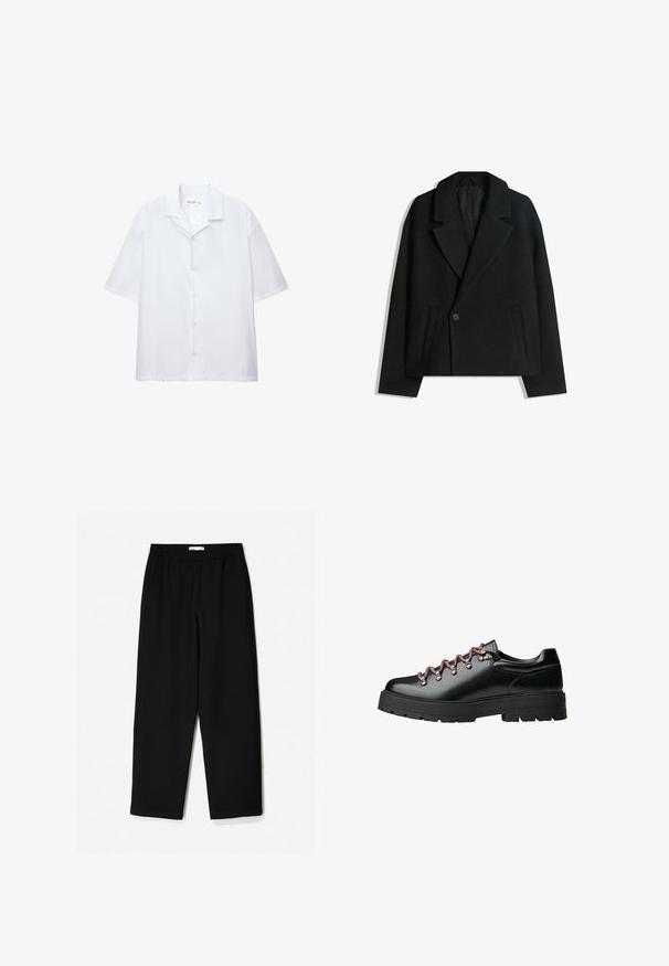 Crni kaput od vune s dvostrukim kopčanjem, strukturiranim reverima, s dva bočna džepa i jednim dugmetom. Mekana, teksturirana tkanina.; Bijela košulja s kratkim rukavima od glatkog materijala, s klasičnim ovratnikom i opuštenim krojem. Bez vidljivih uzoraka ili akcenta.; Crne hlače širokih nogavica izrađene od laganog materijala. Imaju elastičnu traku u struku i glatku teksturu. Nema vidljivih uzoraka niti hardvera.; Crne kožne planinarske cipele s crvenim i bijelim vezicama, velikim rupama za vezivanje i masivnim đonom za prianjanje i stabilnost.