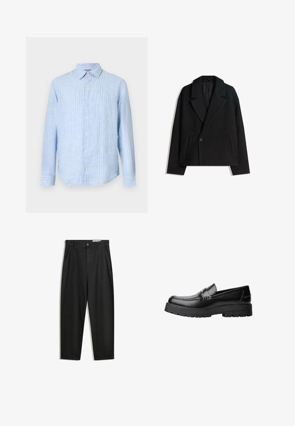 Musta villasekoitekaksirivinen takki, jossa on jämäkät kaulukset, kaksi sivutaskua ja yksi napitus. Pehmeä, tekstuuriainen kangas.; Vaaleansininen nappikauluspaita, jossa on pystysuoria valkoisia raitoja, pitkät hihat, terävä kaulus ja pyöristetty helma. Valmistettu kevyestä kankaasta.; Mustat puuvillahousut rentoa mallia, joissa on klassinen vyötärö, etukangastukset ja sivutaskut. Sileä pinta ilman kuvioita.; Musta nahkainen loaferi, jossa on paksu urheilupohja ja koristeellinen hihna yläpääkkeellä, esitettynä vasemman sivuprofiilin kuvassa valkoista taustaa vasten.