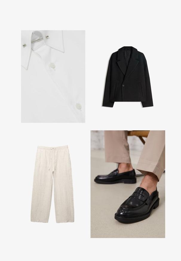 Palton dublu din lână neagră, cu rever structurat, două buzunare laterale și închidere cu un singur buton. Material moale, texturat.; Cămașă albă din bumbac, cu guler clasic, închidere cu nasturi și un colier metalic, având un finisaj neted și texturat.; Pantaloni din in de culoare bej deschis, cu un brâu elastic și șnur, cu un design cu picioare largi și buzunare laterale. Textură netedă.; Loafers negre din piele cu o finisare netedă, având o curea decorativă și cusături contrastante, asortați cu pantaloni bej.
