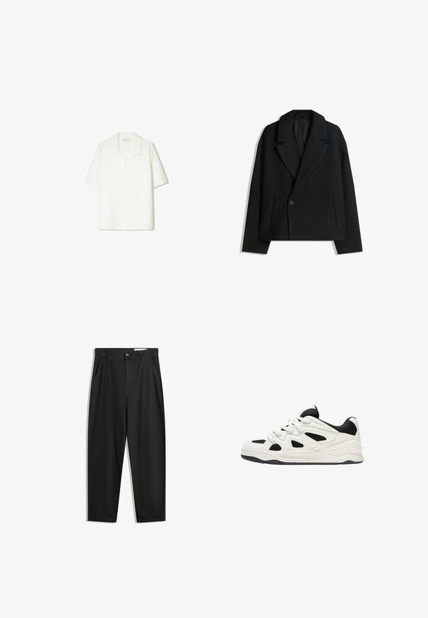 Črn brezčrtni dvojni plašč iz volnene mešanice z oblikovanimi reverji, dvema stranskima žepoma in enim gumbom. Mehka, teksturirana tkanina.; Srajca s kratkimi rokavi in gumbi v odtenku off-white, s posebno mehko in teksturirano tkanino, odprtim ovratnikom in sproščenim krojem.; Črne bombažne hlače s sproščenim krojem, ki vključujejo klasičen pas, sprednje gube in stranske žepke. Gladka tekstura brez vzorcev.; Bele in črne športne čevlje z teksturiranim podplatom, ki vsebujejo izrezljane vzorce na straneh in vezalkah ter oblazinjeno zadnjo stran za podporo.