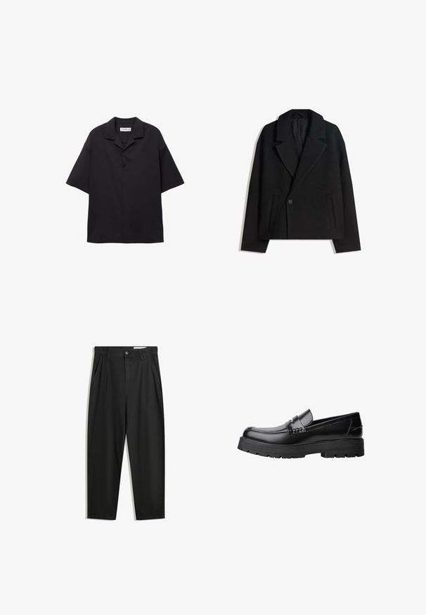 Crni kaput od vune s dvostrukim kopčanjem, strukturiranim reverima, s dva bočna džepa i jednim dugmetom. Mekana, teksturirana tkanina.; Crna košulja kratkih rukava s dugmadi, izrađena od glatkog materijala, s preklopom na ovratniku i ležernim krojem. Ima pet dugmadi sprijeda i bez uzoraka.; Crne pamučne hlače s opuštenim krojem, s klasičnim pojasom, prednjim nabranjima i bočnim džepovima. Glatka tekstura bez uzoraka.; Crna kožna mokasina s debelim potplatima i dekorativnom trakom preko gornjeg dijela, prikazana u lijevom bočnom profilu na bijeloj pozadini.