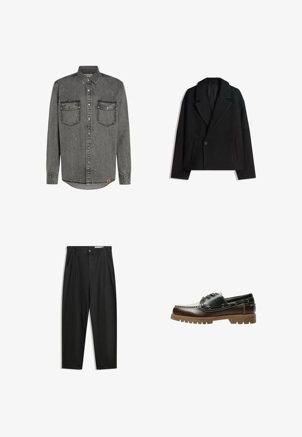 Schwarzer Wollmischung Doppelreiher-Mantel mit strukturierten Revers, zwei Seitentaschen und einer einzelnen Knopfschließe. Weicher, strukturiert Stoff.; Graues Denimhemd mit langen Ärmeln, Knopfverschluss, zwei Brusttaschen und kontrastierenden Nähten. Gerundeter Saum und Etikett an der Seite.; Schwarze Baumwollhose mit lockerem Schnitt, ausgestattet mit einem klassischen Bund, vorderen Falten und Seiten taschen. Glatte Textur ohne Muster.; Braune und grüne Lederbootsschuhe mit einem weißen gestickten Design, runden Schnürsenkeln und einer strukturierten Gummisohle. Robuste Bauweise mit Metallösen.