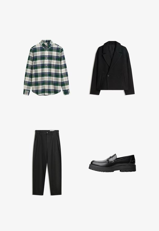 Sort uldblandet dobbeltradet frakke med strukturerede revers, to sidelommer og en enkelt knaplukning. Blødt, tekstureret stof.; Grøn- og hvidternet skjorte med knapper og krave, der har marineblå, grå og orange detaljer. Inkluderer en lomme på venstre bryst.; Sorte bomuldsbukser med en afslappet pasform, der har en klassisk talje, frontfolder og sidelommer. Glat tekstur uden mønstre.; Sort læderloafer med kraftig sål og dekorativ rem henover, vist i venstre sideprofil på hvid baggrund.