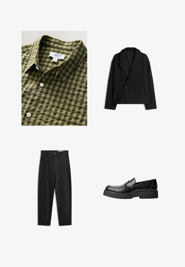 Svart ullblandning dubbelknäppt kappa med strukturerade slag, två sidofickor och en enda knappstängning. Mjuk, texturerad tyg.; Grön rutig kortärmad skjorta i mjukt tyg, med knapp-och krage samt vita knappar, med en etikett och storleksmärke fäst.; Svarta bomullsshorts med avslappnad passform, med en klassisk midja, framveck och sidfickor. Slät textur utan mönster.; Svart läderloafer med kraftig mönstrad sula och dekorativ rem över framtill, visad i vänster sidoprofil på vit bakgrund.