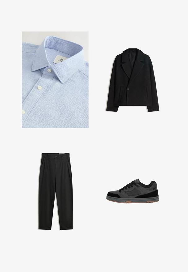 Zwart wollen blend dubbelzijdig jasje met gestructureerde revers, twee zijzakken en een enkele knoopsluiting. Zacht, textuurgegeven materiaal.; Lichtblauw gestructureerd shirt met een button-down kraag, voorzien van twee witte knopen en een label met de merknaam aan de binnenkant van de kraag.; Zwarte katoenen broeken met een losse pasvorm, voorzien van een klassieke tailleband, voorplooien en zijzakken. Gladde structuur zonder patronen.; Zwarte en donkergrijze lage sneaker met zwarte veters, bovenwerk van suede en mesh, en een gumrubberen zool, gezien vanaf de zijkant.