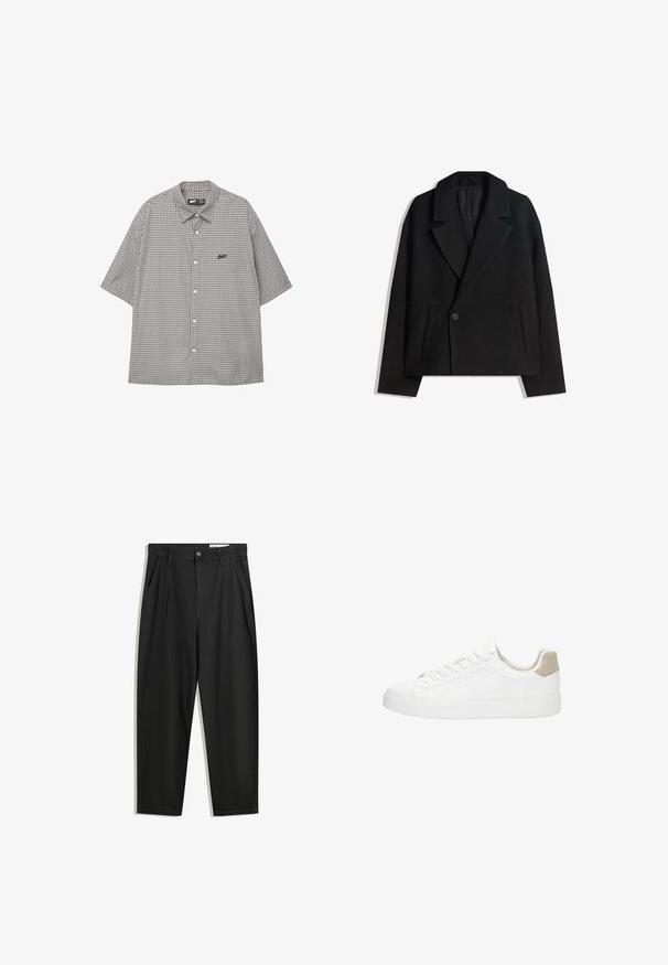 Czarny płaszcz ze wełny w blendzie, dwurzędowy, z wyraźnymi klapami, dwiema bocznymi kieszeniami i pojedynczym zapięciem na guzik. Miękka, teksturowana tkanina.; Koszula z krótkim rękawem z guzikami w czarno-białą kratę. Posiada kołnierzyk zapinany na stójkę oraz logo na lewej piersi.; Czarne bawełniane spodnie o luźnym kroju, z klasycznym pasem, przednimi plisy oraz bocznymi kieszeniami. Gładka struktura, bez wzorów.; Białe sneakersy z gładką skórzaną cholewką i okrągłym noskiem. Posiadają beżowy zamszowy element na pięcie, płaskie sznurówki oraz białą gumową podeszwę.