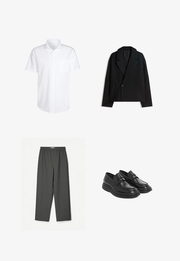 Crni kaput od vune s dvostrukim kopčanjem, strukturiranim reverima, s dva bočna džepa i jednim dugmetom. Mekana, teksturirana tkanina.; Bijela košulja kratkih rukava s gumbima, izrađena od pamuka, s džepom na prsima i zaobljenim rubom za ležeran fit.; Tamno sivi, visoki očni široki hlače izrađene od lagane tkanine. Elastična pojas, bez vidljivih uzoraka i bočne džepove.; Crne kožne mokasine s okruglim vrhom, šivanim detaljima i platformskom gumenom potplatom. Imaju dekorativnu traku preko gornjeg dijela.