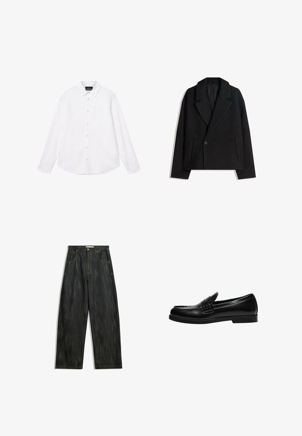 Czarny płaszcz ze wełny w blendzie, dwurzędowy, z wyraźnymi klapami, dwiema bocznymi kieszeniami i pojedynczym zapięciem na guzik. Miękka, teksturowana tkanina.; Biała koszula z długim rękawem z klasycznym kołnierzykiem i zapięciem na guziki, o gładkiej fakturze i subtelnym logo na klatce piersiowej.; Ciemnogranatowe dżinsy o luźnym kroju, z delikatną pionową teksturą, żółtym przeszyciem, pięcioma kieszeniami i klasycznym zapięciem na guzik.; Czarne skórzane mokasyny o gładkim wykończeniu, z detalem przeszycia na cholewce i niską, solidną czarną gumową podeszwą.