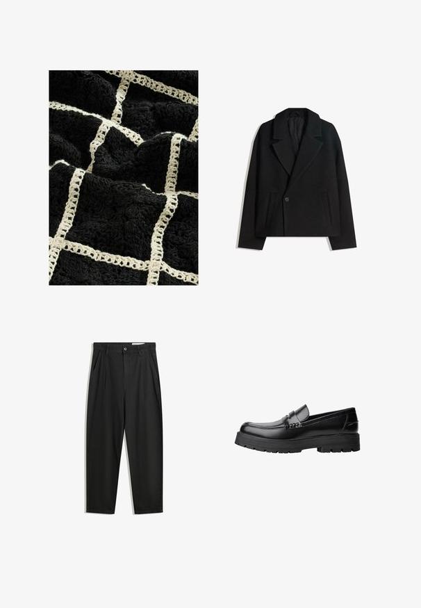 Zwart wollen blend dubbelzijdig jasje met gestructureerde revers, twee zijzakken en een enkele knoopsluiting. Zacht, textuurgegeven materiaal.; Zwarte textuurde deken met een geweven crèmekleurig rasterpatroon, met verhoogde bloemontwerpen en een zachte, pluizige afwerking.; Zwarte katoenen broeken met een losse pasvorm, voorzien van een klassieke tailleband, voorplooien en zijzakken. Gladde structuur zonder patronen.; Zwarte leren loafer met een chunky profielzool en een decoratieve band over de bovenkant, weergegeven in het linkerzijprofiel op een witte achtergrond.