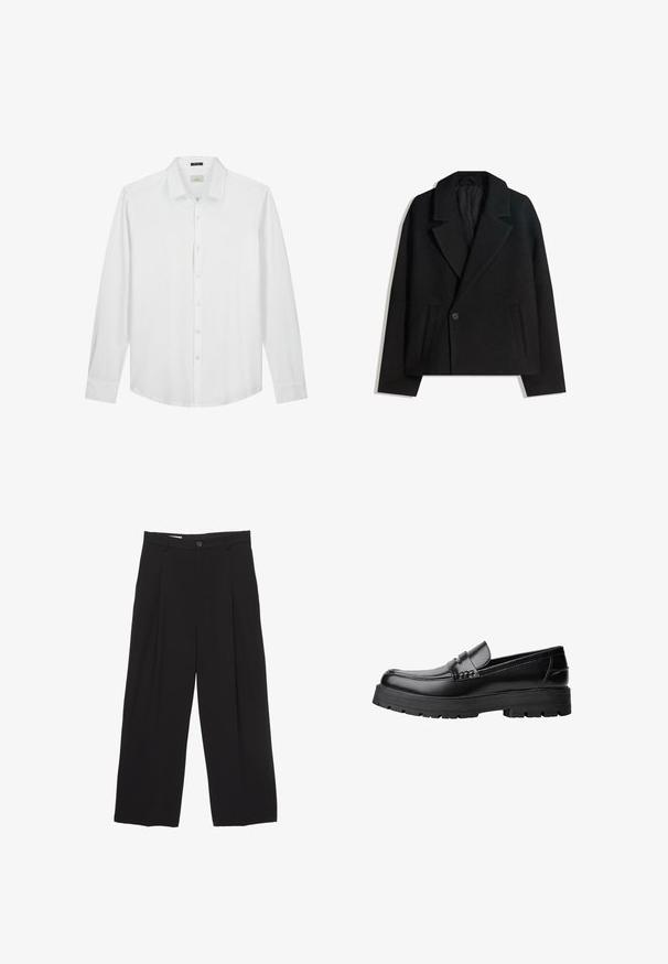 Crni kaput od vune s dvostrukim kopčanjem, strukturiranim reverima, s dva bočna džepa i jednim dugmetom. Mekana, teksturirana tkanina.; Bijela košulja dugih rukava, s ovratnikom na dugmad, mekane teksture, glatke tkanine, suptilan logo na prsima i klasičan kroj s zaobljenim rubom.; Crne široke hlače od glatkog materijala, s ravnim pojasom, prednjim nabranim detaljima i zatvaranjem na jedan gumb.; Crna kožna mokasina s debelim potplatima i dekorativnom trakom preko gornjeg dijela, prikazana u lijevom bočnom profilu na bijeloj pozadini.