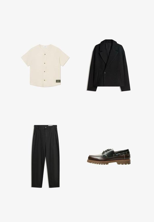 Černý vlněný dvouřadý kabát se strukturovanými reverzy, dvěma bočními kapsami a jedním knoflíkovým zapínáním. Měkká, texturovaná tkanina.; Košile s krátkým rukávem, na knoflíky v krémové barvě. Má výstřih do V, pět hnědých knoflíků a zelenou nášivku v pravém dolním rohu.; Černé bavlněné kalhoty s uvolněným střihem, klasickým pasem, předními záhyby a bočními kapsami. Hladká textura bez vzorů.; Hnědá a černá kožená loďková obuv se šněrováním, kontrastním prošíváním a texturovanou gumovou podrážkou. Má kovové očky a zaoblenou špičku.
