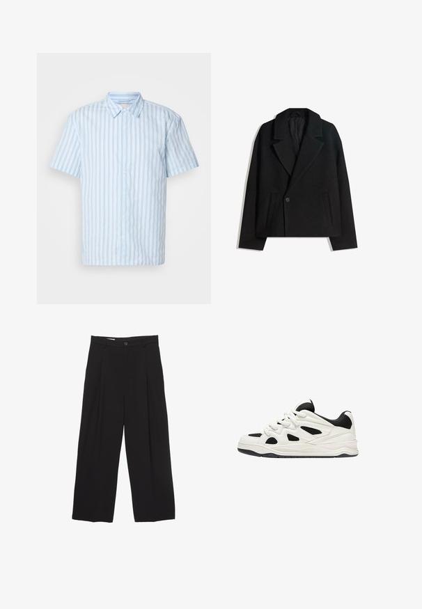 Črn brezčrtni dvojni plašč iz volnene mešanice z oblikovanimi reverji, dvema stranskima žepoma in enim gumbom. Mehka, teksturirana tkanina.; Kratka majica s gumbima s kratkimi rokavi iz svetlo modre tkanine z navpičnimi črtami. Ima koničast ovratnik in bele gumbe po sprednji strani.; Črne široke hlače iz gladkega blaga, z ravnim pasom, sprednjimi povešalnimi pregibi in enim gumbom za zapiranje.; Bele in črne športne čevlje z teksturiranim podplatom, ki vsebujejo izrezljane vzorce na straneh in vezalkah ter oblazinjeno zadnjo stran za podporo.