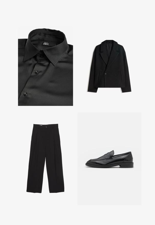 Czarny płaszcz ze wełny w blendzie, dwurzędowy, z wyraźnymi klapami, dwiema bocznymi kieszeniami i pojedynczym zapięciem na guzik. Miękka, teksturowana tkanina.; Next REGULAR FIT czarny; Czarne spodnie o szerokich nogawkach, wykonane z gładkiego materiału, z płaskim pasem, plisami z przodu oraz pojedynczym zapięciem na guzik.; Czarne skórzane mokasyny o gładkim wykończeniu, z zaokrąglonym noskiem i wąskim paskiem na górze. Niski, warstwowy obcas.