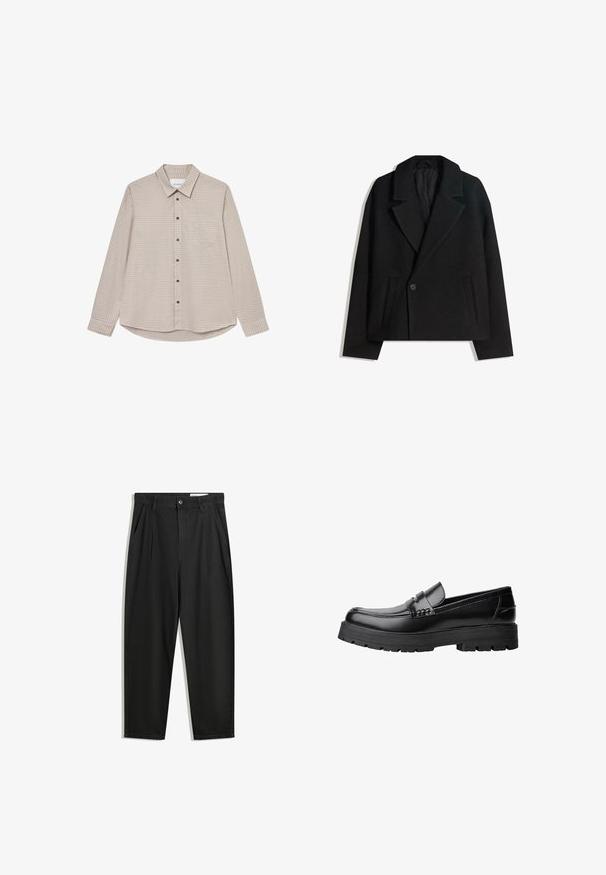 Fekete gyapjú keverék, kétsoros kabát strukturált hajtókákkal, két oldalsó zsebbel és egysoros gombzárral. Puha, texturált anyag.; Barna és bézs kockás hosszú ujjú ing, gombos gallérral, elülső zsebbel és barna gombokkal, ívelt alsó szegéllyel.; Fekete pamut nadrág laza szabással, klasszikus derékrésszel, elülső hajtásokkal és oldalsó zsebekkel. Simább textúra minta nélkül.; Fekete bőr loaferek vastag, bordázott talppal és díszcsíkkal az upper rész felett, bal oldali profilmódban, fehér háttér előtt.