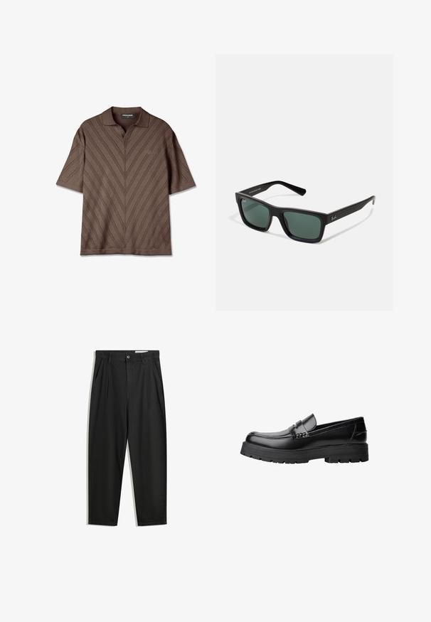 Čierny kabát s dvojitým zapínaním zo zmesi vlny s vyžehlenými klopami, dvoma bočnými vreckami a jedným gombíkom. Mäkká, štruktúrovaná látka.; Hnedá polokošeľa s krátkym rukávom a výstrihom do V, s textúrovaným vzorom v zigzag a jemným logom na hrudi.; Čierne bavlnené nohavice s voľným strihom, s klasickým pásom, prednými záhybmi a bočnými vreckami. Hladká textúra bez vzorov.; Čierne kožené mokasíny s masívnou podrážkou a dekoratívnym pásom cez hornú časť, zobrazené z ľavého bočného profilu na bielom pozadí.; Čierne obdĺžnikové slnečné okuliare so zelenými sklami, matným povrchom, rovnými ramenami a logom Ray-Ban na boku.