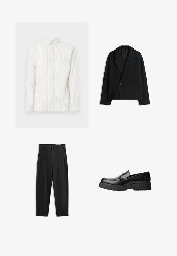 Palton dublu din lână neagră, cu rever structurat, două buzunare laterale și închidere cu un singur buton. Material moale, texturat.; Cămașă albă cu mânecă lungă, cu dungi verticale de culoare bej deschis, guler clasic și închidere cu nasturi. Material moale și texturat.; Pantaloni negri din bumbac cu croială lejeră, având un brâu clasic, plii frontale și buzunare laterale. Textură netedă fără modele.; Mocasini din piele neagră, cu talpă groasă și profilată și bandă decorativă pe partea superioară, prezentati din profil stâng pe fundal alb.