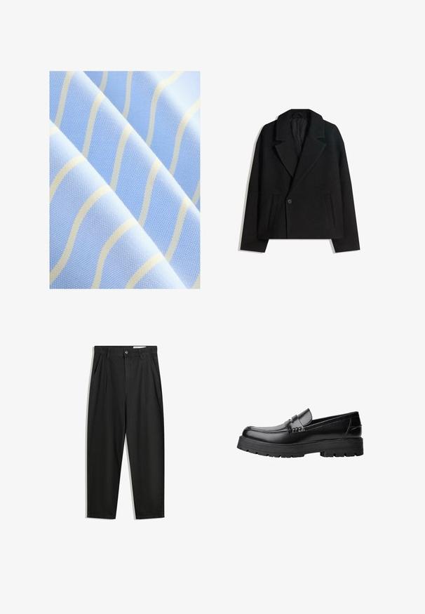 Čierny kabát s dvojitým zapínaním zo zmesi vlny s vyžehlenými klopami, dvoma bočnými vreckami a jedným gombíkom. Mäkká, štruktúrovaná látka.; Svetlomodrá látka s tenkými, vlnitými bielymi pruhmi. Štruktúrovaný povrch s jemným vzorom, ktorý vykazuje hladký a jemný vzhľad.; Čierne bavlnené nohavice s voľným strihom, s klasickým pásom, prednými záhybmi a bočnými vreckami. Hladká textúra bez vzorov.; Čierne kožené mokasíny s masívnou podrážkou a dekoratívnym pásom cez hornú časť, zobrazené z ľavého bočného profilu na bielom pozadí.