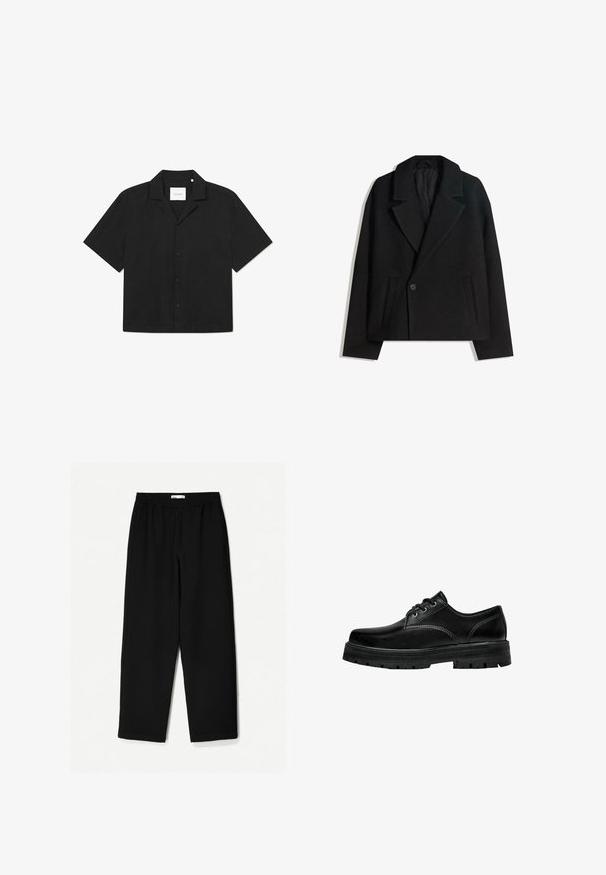 Črn brezčrtni dvojni plašč iz volnene mešanice z oblikovanimi reverji, dvema stranskima žepoma in enim gumbom. Mehka, teksturirana tkanina.; Črna kratkotrajna majica z gumbom, ravnim ovratnikom, gladko teksturo in subtilnim vzorcem na tkanini, z oznako "LES DEUX" znotraj.; Črne široke hlače iz lahkotnega materiala. Imajo elastičen pas in gladko teksturo. Brez vidnih vzorcev ali dodatkov.; Črne usnjene vezalne čevlje z zaobljenim nosom, teksturirano površino in debelim gumijastim podplatom z globokimi utori za oprijem.