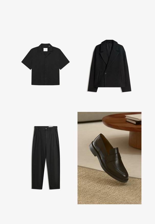 Črn brezčrtni dvojni plašč iz volnene mešanice z oblikovanimi reverji, dvema stranskima žepoma in enim gumbom. Mehka, teksturirana tkanina.; Črna kratkotrajna majica z gumbom, ravnim ovratnikom, gladko teksturo in subtilnim vzorcem na tkanini, z oznako "LES DEUX" znotraj.; Črne bombažne hlače s sproščenim krojem, ki vključujejo klasičen pas, sprednje gube in stranske žepke. Gladka tekstura brez vzorcev.; Črni usnjeni loafer z gladko površino, zaobljenim nosom in dekorativnim pasom čez zgornji del. Nizek gumijasti pet, umeščen na teksturirano površino.