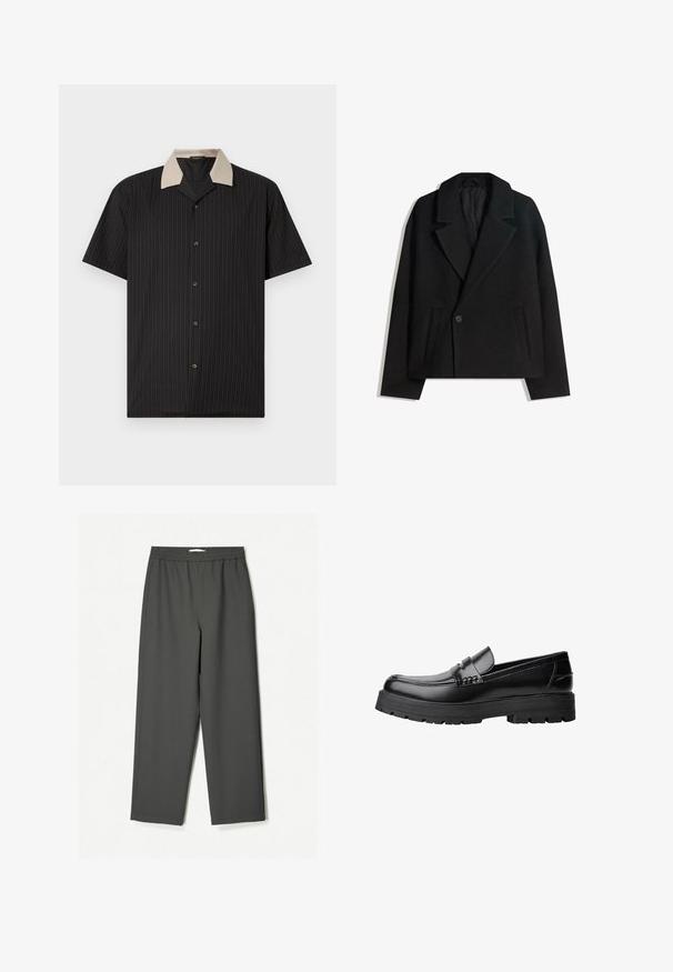 Črn brezčrtni dvojni plašč iz volnene mešanice z oblikovanimi reverji, dvema stranskima žepoma in enim gumbom. Mehka, teksturirana tkanina.; Majica s kratkimi rokavi v črni barvi z navpičnimi črtami, ki ima bež ovratnik in sprednje gumbe. Narejena iz lahkotnega blaga z gladko teksturo.; Temno sivi, visok pas široke hlače iz lahkega materiala. Elastičen pas, brez vidnih vzorcev in stranske žepe.; Črne usnjene loafersice s debelim profiliranim podplatom in dekorativnim pasom čez zgornji del, prikazane v levem stranskem profilu na beli podlagi.