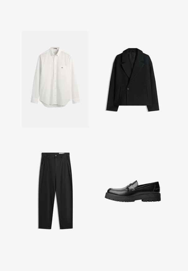 Cappotto doppiopetto in misto lana nera con rever strutturati, due tasche laterali e chiusura a un bottone. Tessuto morbido e testurizzato.; Camicia bianca classica in cotone, con taschino sul petto e un piccolo logo. Maniche lunghe e orlo leggermente arrotondato.; Pantaloni in cotone neri con una vestibilità rilassata, dotati di una vita classica, pieghe frontali e tasche laterali. Tessuto liscio senza fantasie.; Mocassino in pelle nera con suola spessa e tassellata e fascia decorativa sulla parte superiore, mostrato in profilo sinistro su sfondo bianco.