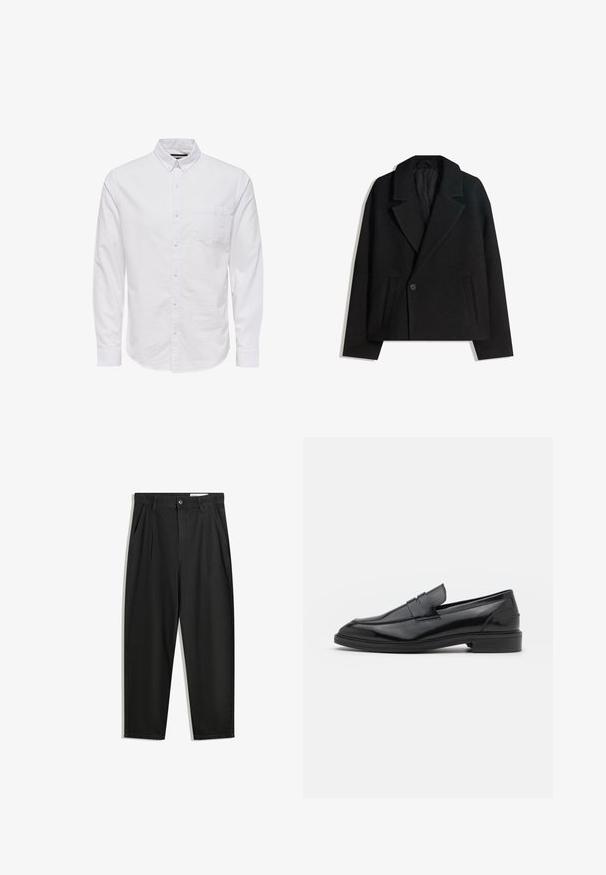 Svart ullblandning dubbelknäppt kappa med strukturerade slag, två sidofickor och en enda knappstängning. Mjuk, texturerad tyg.; Vit långärmad skjorta med knappar i bomull, med krage, framknappning och en enda bröstficka. Slät textur.; Svarta bomullsshorts med avslappnad passform, med en klassisk midja, framveck och sidfickor. Slät textur utan mönster.; Svarta läderloafers med en slät finish, med rund tå och en smal rem över framsidan. Låg klack.