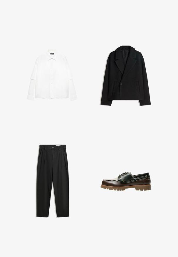 Palton dublu din lână neagră, cu rever structurat, două buzunare laterale și închidere cu un singur buton. Material moale, texturat.; Cămașă albă cu mânecă lungă din bumbac, cu deschidere cu nasturi, având un guler clasic și mâneci supradimensionate cu o croială relaxată.; Pantaloni negri din bumbac cu croială lejeră, având un brâu clasic, plii frontale și buzunare laterale. Textură netedă fără modele.; Pantof cu bărci din piele maro și verde, cu un design cusut alb, șireturi rotunde și o talpă din cauciuc texturată. Construcție durabilă cu orificii pentru șireturi din metal.