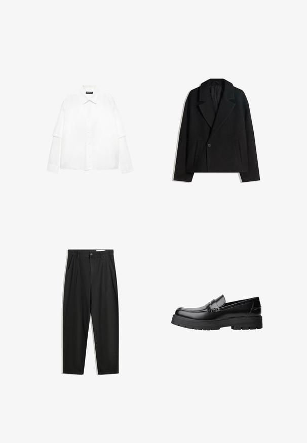 Černý vlněný dvouřadý kabát se strukturovanými reverzy, dvěma bočními kapsami a jedním knoflíkovým zapínáním. Měkká, texturovaná tkanina.; Bílá košile s dlouhými rukávy vyrobená z bavlny, s knoflíkovým zapínáním vpředu, klasickým límcem a oversize rukávy s volným střihem.; Černé bavlněné kalhoty s uvolněným střihem, klasickým pasem, předními záhyby a bočními kapsami. Hladká textura bez vzorů.; Černé kožené mokasíny s masivní podrážkou a dekoračním páskem přes horní část, zobrazené v levém bočním profilu na bílém pozadí.
