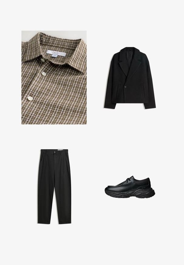 Schwarzer Wollmischung Doppelreiher-Mantel mit strukturierten Revers, zwei Seitentaschen und einer einzelnen Knopfschließe. Weicher, strukturiert Stoff.; Braun karierte Button-up-Hemd aus Stoff mit einer weichen Textur. Verfügt über einen klassischen Kragen und weiße Knöpfe. Etikett sichtbar.; Schwarze Baumwollhose mit lockerem Schnitt, ausgestattet mit einem klassischen Bund, vorderen Falten und Seiten taschen. Glatte Textur ohne Muster.; Schwarze Leder-Slipper mit runder Spitze und dicker, strukturiertem Gummisohle. Besitzt dezente Nähte und elastische Akzente am Schaft.