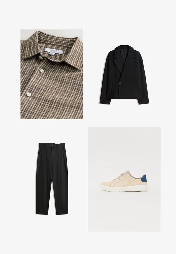 Manteau double boutonnage en mélange de laine noir avec des revers structurés, deux poches latérales et une fermeture à un bouton. Tissu doux et texturé.; Chemise à carreaux brune à boutons, en tissu au toucher doux. Dispose d'un col classique et de boutons blancs. Étiquette visible.; Pantalon en coton noir avec une coupe décontractée, dotés d'une taille classique, de plis à l'avant et de poches latérales. Texture lisse sans motifs.; Baskets beiges en daim, avec une semelle blanche, des lacets beiges et un accent bleu sur le talon. Logo embossé sur le côté.