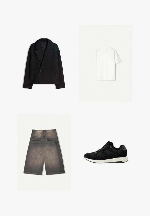 Musta villasekoitekaksirivinen takki, jossa on jämäkät kaulukset, kaksi sivutaskua ja yksi napitus. Pehmeä, tekstuuriainen kangas.; Valkoinen lyhythihainen t-paita, joka on valmistettu pehmeästä puuvillasta. Pyöreä kaula-aukko ja rento istuvuus ilman näkyviä logoja tai kuvioita.; Tummanharmaat farkkushortsit, joissa on haalistunut pinta. Niissä on kaksi takataskua ja suorat, leveät lahkeet. Ei näkyviä metalliosia tai koristeita.; Musta urheilukenkä, joka on valmistettu mokasta ja verkosta, jossa on pyöristetty kärki, nauhakiristys ja valkoinen kumipohja, jossa on tekstuurisia yksityiskohtia.