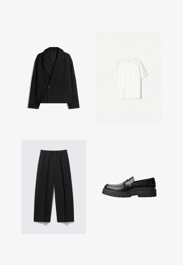 Black wool blend double-breasted coat with structured lapels, two side pockets, and a single button closure. Soft, textured fabric.; White short-sleeve t-shirt made of soft cotton. Crew neck design with a relaxed fit and no visible logos or patterns.; Black wide-leg trousers made of lightweight fabric, featuring an elastic waistband with a drawstring and no visible pockets.; Black leather loafer with chunky treaded sole and decorative strap across the upper, shown in left side profile on white background.