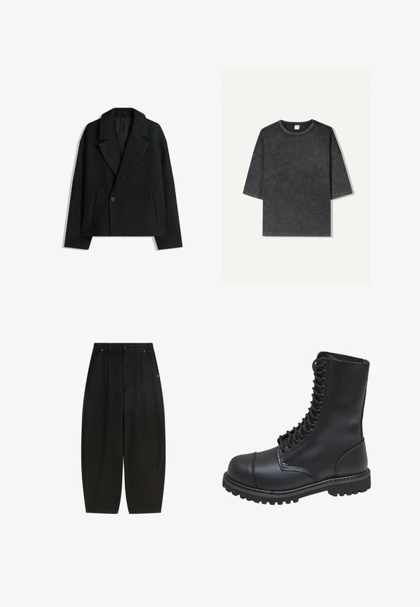 Fekete gyapjú keverék, kétsoros kabát strukturált hajtókákkal, két oldalsó zsebbel és egysoros gombzárral. Puha, texturált anyag.; Túlméretes, rövid ujjú póló sötétszürke színben, pamutból készült. Kerek nyakkivágással és látható varrásokkal a szélein.; Fekete, bő szárú nadrág elülső zsebekkel, pliszírozott dizájnnal és tiszta kidolgozással. Texturált anyagból készült, gombos záródással.; Fekete bőr katonai bakancs magas szárakkal, fűzős elejével, párnázott gallérral és strapabíró, texturált talppal a tapadásért. Megerősített orr része van.